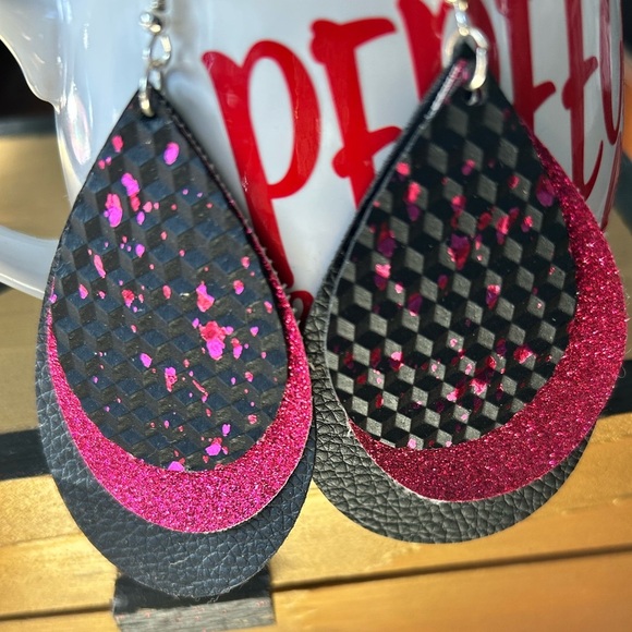 Black and Pink Layered Earrings- leather- handmade- new- great gift - Picture 4 of 6